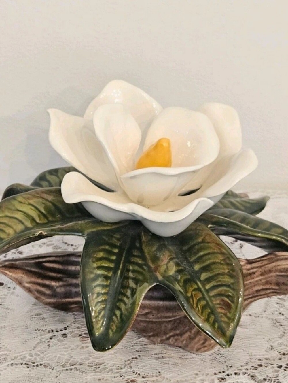 Vintage Cream and Green Ceramic Magnolia Flower Home Decor 8"